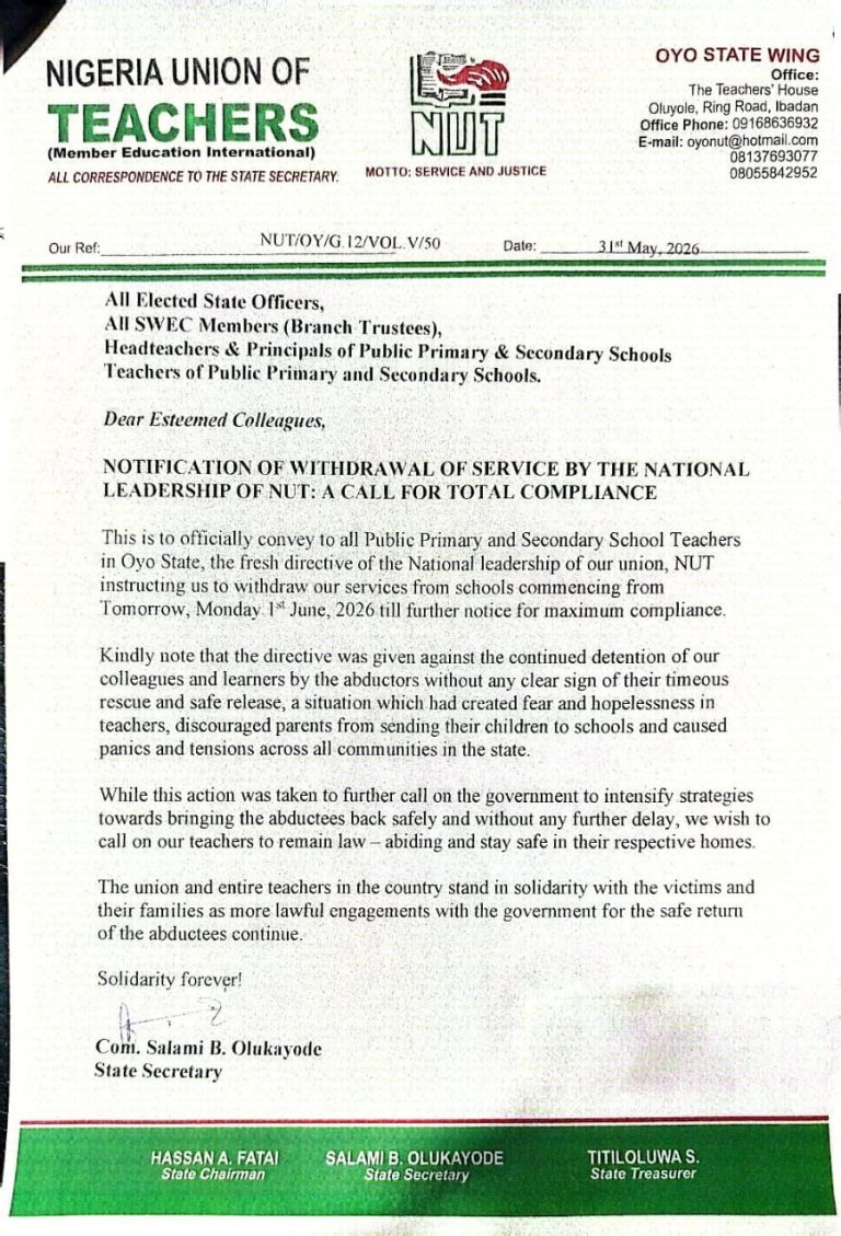 NUT Directs Oyo Teachers to Embark on Indefinite Strike Until Abducted Colleagues, Pupils Are Rescued